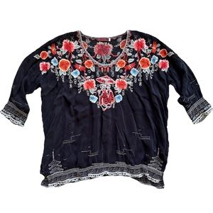 JOHNNY WAS Hamayu Embroidered Black Floral Women's Top Small Boho Chic Festival